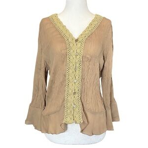 Sunny Taylor Semi Sheer Crinkle Crochet Lace Chiffon Ruffle Blouse Petite Medium